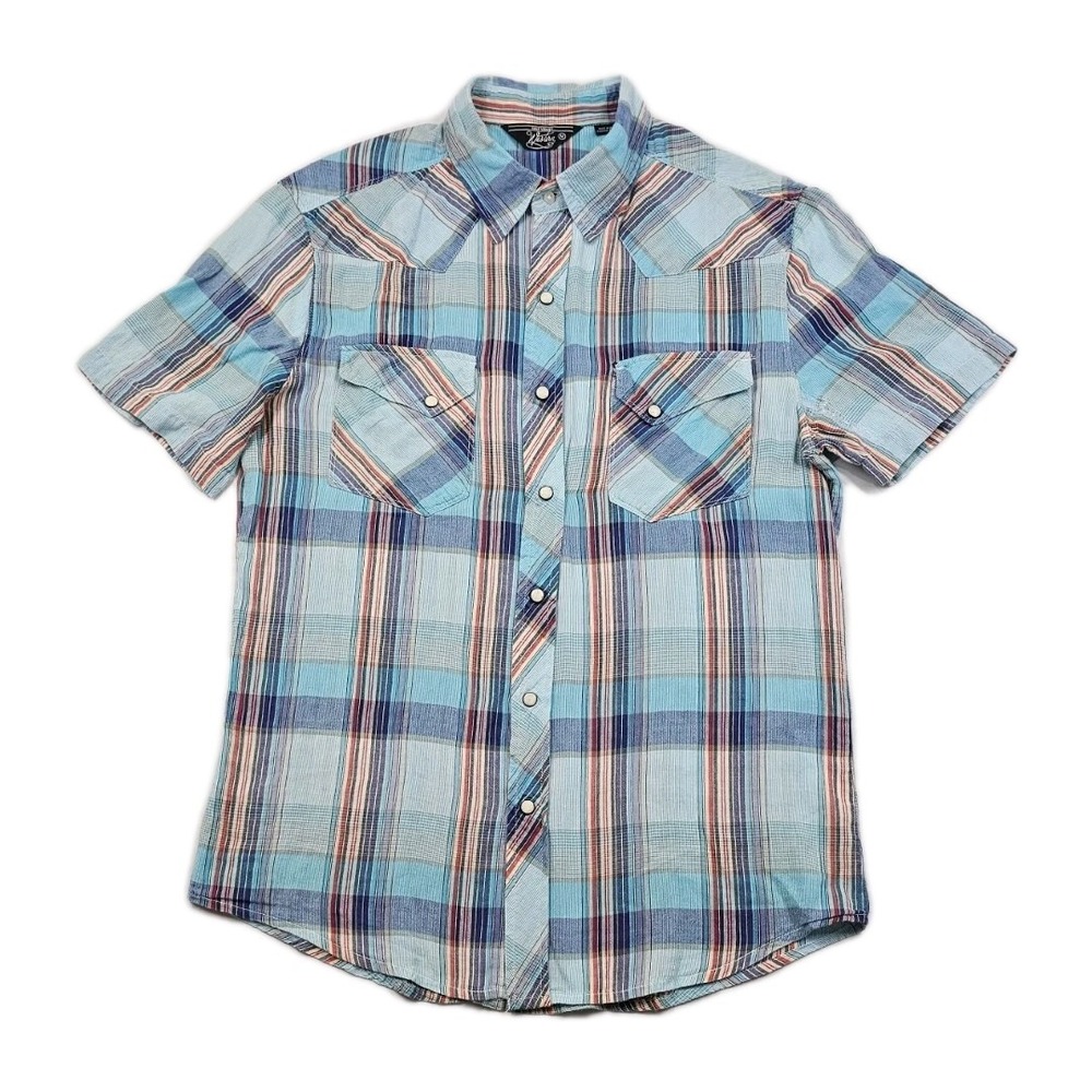 Salt Valley Western Mens Medium Blue Plaid Pearl Snap Front Short Sleeve Cowboy